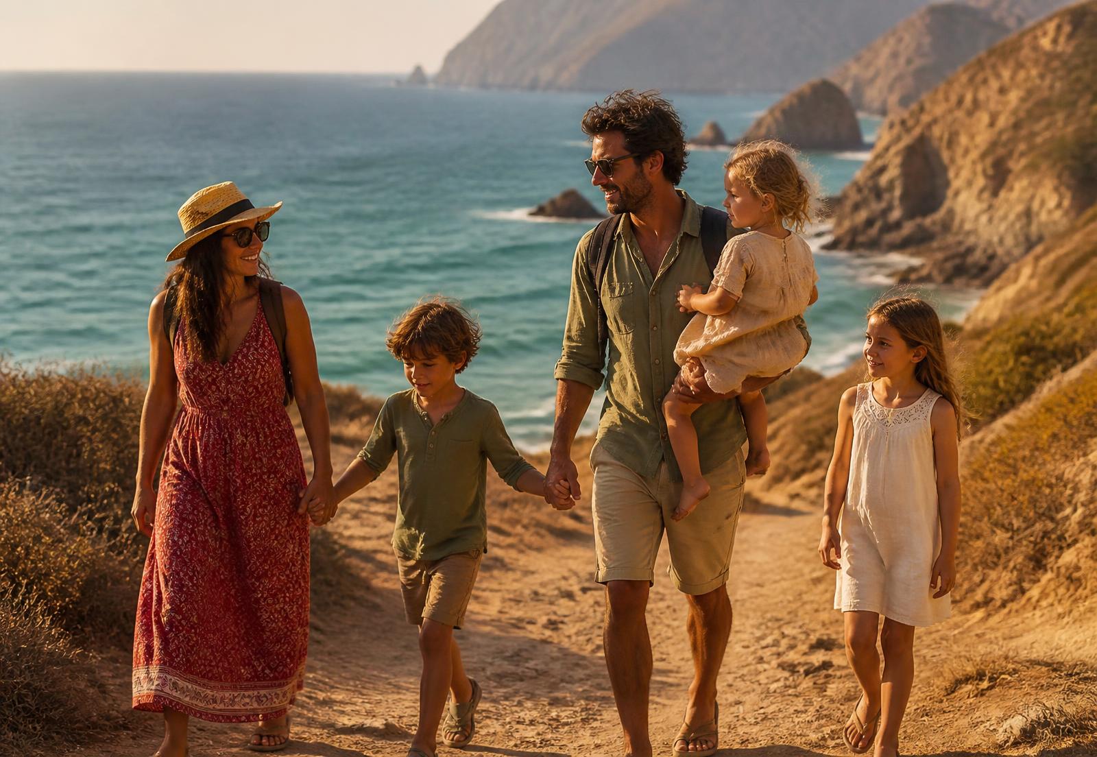 A family walking together along a sunlit coastal path